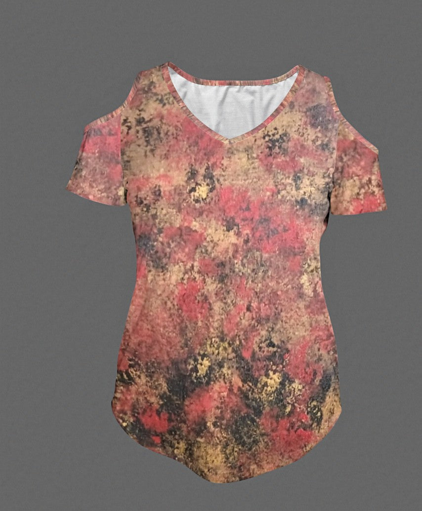 Golden Fire: Women's V-Neck Cold Shoulder T-Shirts
